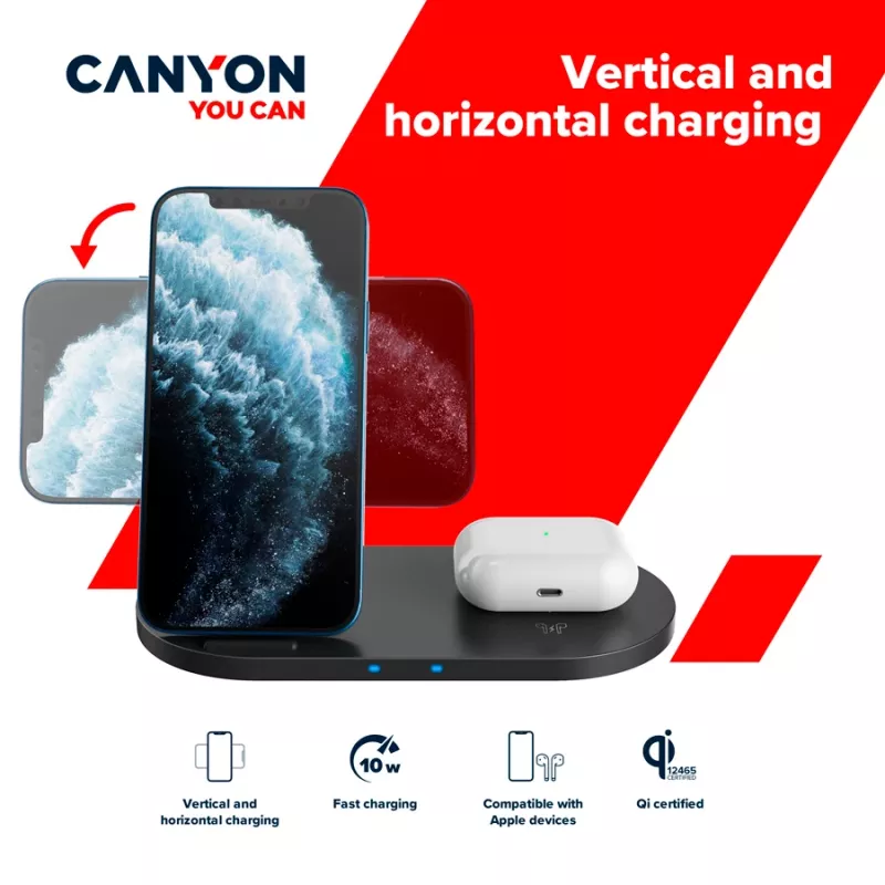 Nabíjačka bezdrôtová dokovacia stanica 2in1 QI 10W/USB-C/LED čierna