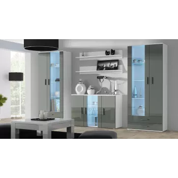 Komoda cama meble SOHO S7, 120 cm, biela/sivá vysoký lesk, 3 dvere, 4 police