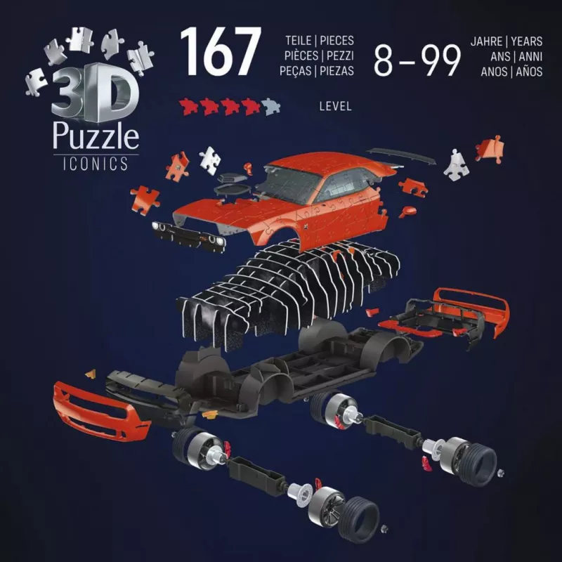 3D puzzle Ravensburger Dodge Challenger R/T Scat Pack Widebody – séria Iconics, modelová stavebnica