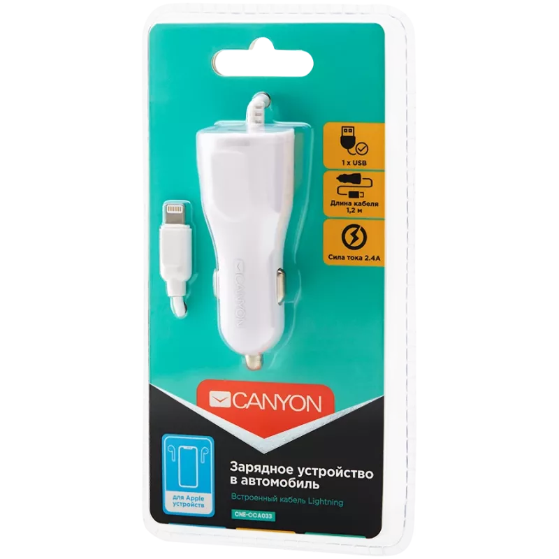 CANYON autonabíjačka C-033 2,4A/USB-A s integrovaným Lightning konektorom biela
