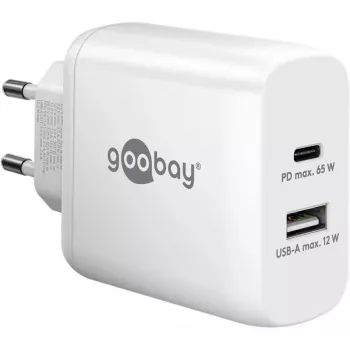 USB-C duálna rýchlonabíjačka, PD, GaN, 65 wattov (biela, 1x USB-C, 1x USB-A, Power Delivery)
