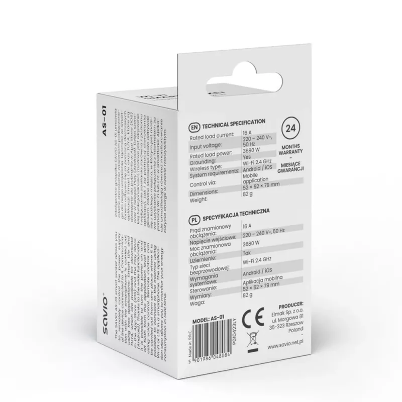 Smart zásuvka SAVIO AS-01 16A Wi‑Fi 2,4 GHz, konektor samec typ E/F, 220–240 V, 3680 W, biela