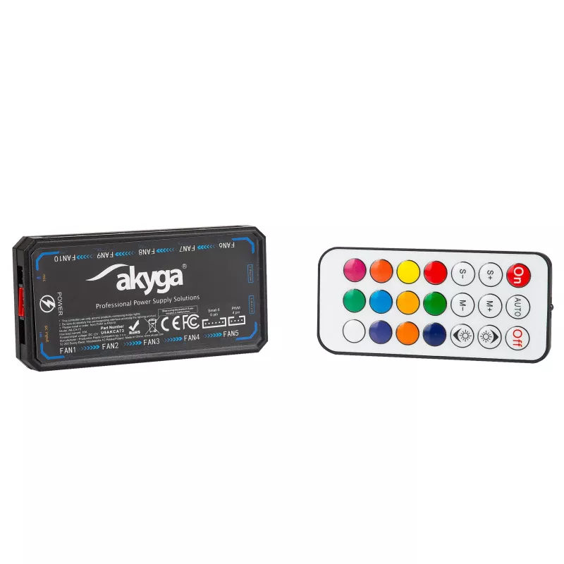 Akyga AK-CA-73 RGB ovládač ventilátorov s diaľkovým ovládaním, 12 pripojení (10 ventilátorov + 2 LED pásy), Molex napájanie