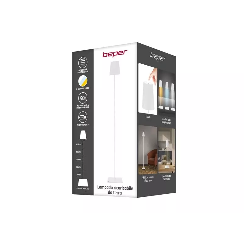 Beper P201UTP404 nabíjateľná LED stojaca lampa, nastaviteľná výška, 2,5 W, stmievateľná, kovová, biela