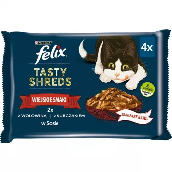 FELIX Tasty Shreds s hovädzím a kuracím - 4x 80g