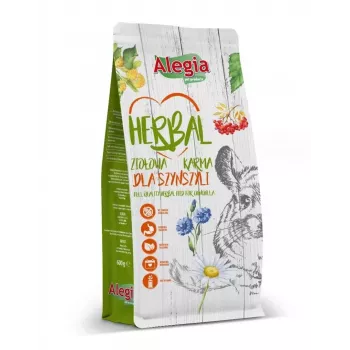 Suché krmivo Alegia Herbal pre činčily 600 g — kompletné krmivo pre dospelé činčily, bez obilnín, bez lepku, ovocná príchuť