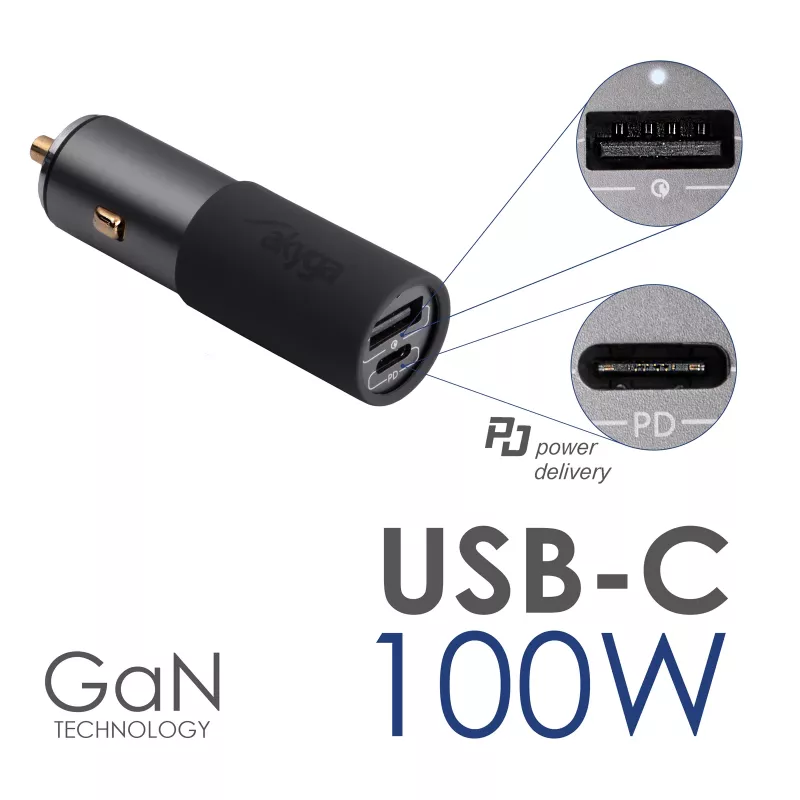 Akyga AK-CH-26 GaN autonabíjačka 12/24 V, 100 W, USB-C PD 3.0 + USB-A QC 3.0, sivá