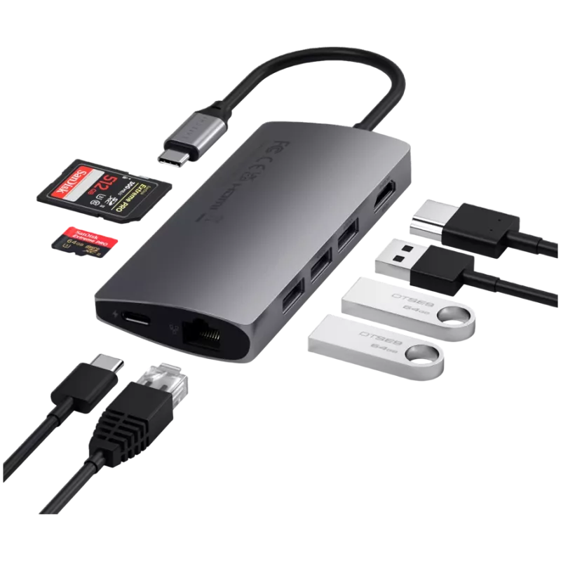 Satechi hliníkový adaptér V2 USB-C (USB-C, 3x USB-A, 4K HDMI, čítačka kariet micro/SD, Ethernet) (Starlight Grey)