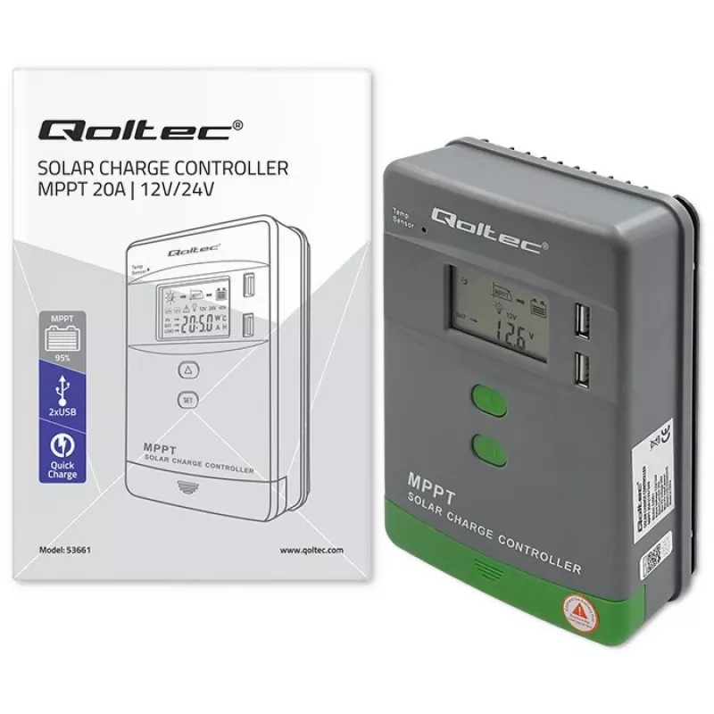 Qoltec, solárny MPPT regulátor nabíjania s teplotným senzorom 20A 12V/24V displej LCD 2 X USB
