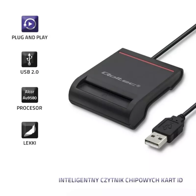 Čítačka ID kariet QOLTEC Smart-Chip-ID čítačka kariet — USB, čierna, 84,5×65×16 mm, 63 g