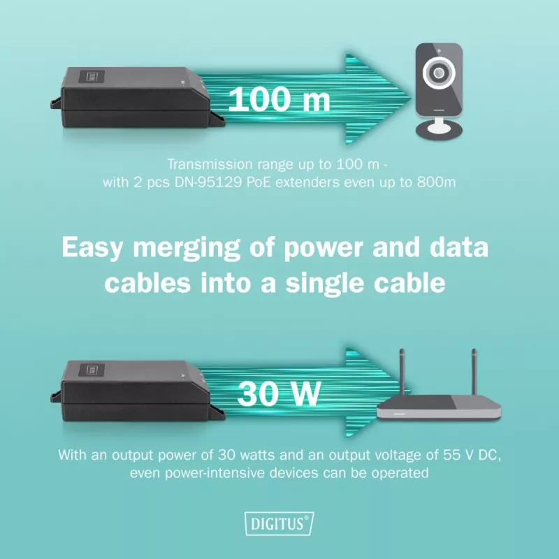 Digitus Gigabit Ethernet PoE+ injektor 802.3at 30 W čierna