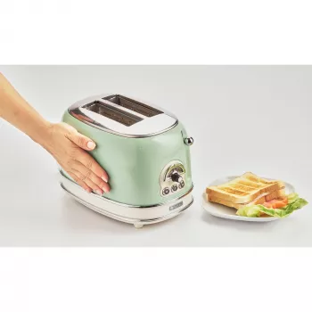 Hriankovač Ariete 155 Design na 2 plátky so sendvičovými košíkmi, 6 stupňov opečenia, 810 W, nerezové puzdro, vyberateľná miska na omrvinky, pastelová zelená
