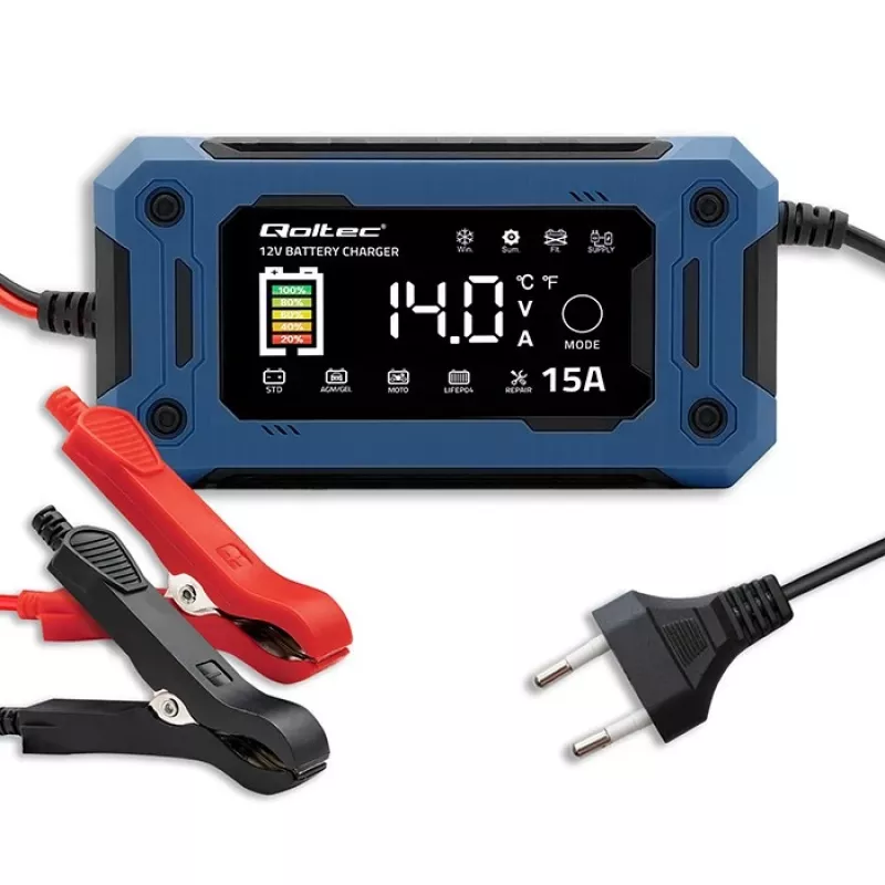 Inteligentná 12V 15A nabíjačka QOLTEC s mikroprocesorom a LCD — pre AGM, GEL, SLA, EFB, LiFePO4 batérie