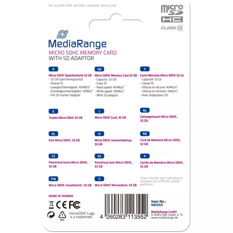 PAMÄŤOVÁ KARTA MICRO SDHC 32GB C10/MIT ADAPTER MR959 MEDIARANGE