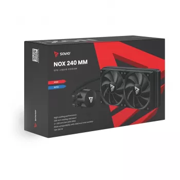 Sada kvapalinového chladenia SAVIO NOX 240 mm – 240-mm radiátor, 2×120-mm ventilátory, hliníkový radiátor, medená základňa, podporuje LGA 2011/2011-v3/2066/1200/115x/775