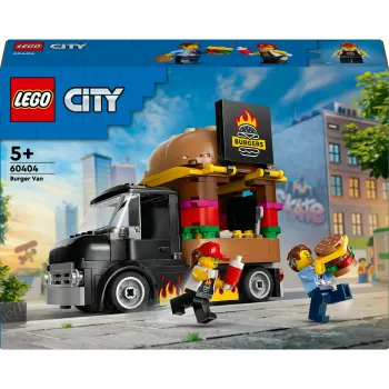 LEGO City Burger Van food truck hračka pre chlapcov a dievčatá od 5 rokov, stavebné vozidlo, kuchynská hracia sada s minifigúrkou predavača a príslušenstvom