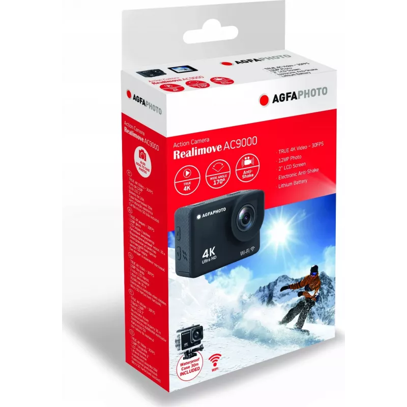 AgfaPhoto Action Cam 4K, vodotesná, Wi-Fi, spomalené/zrýchlené zábery (AC9000BK)