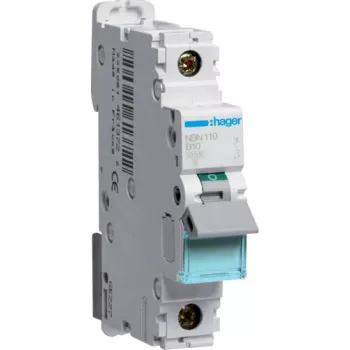Hager NBN110. Menovitý prúd: 10 A. Typ: charakteristika B, počet modulov (max): 1 modul. Šírka: 17,5 mm, hĺbka: 70 mm, výška: 83 mm (NBN110)