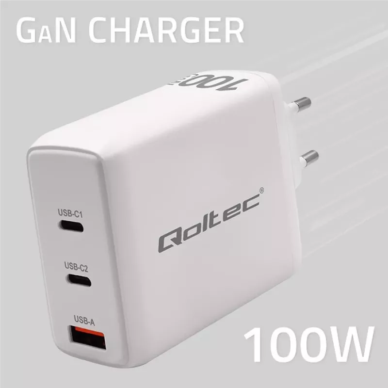 Nabíjačka QOLTEC 100W GaN USB-C Dual PD 5–20V 1,5–5A, 2×USB-C