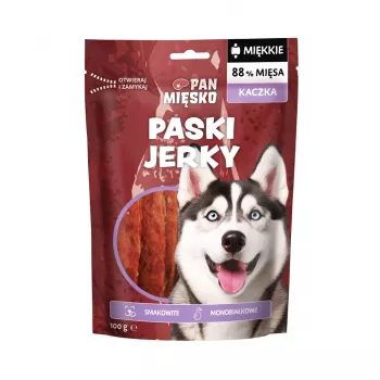 Maškrta pre psov Pan Mięsko Kačacie jerky prúžky 100 g