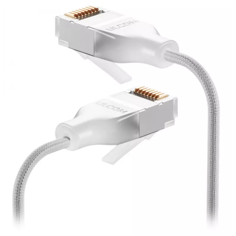 Sieťový patch kábel UBIQUITI UACC-CABLE-PATCH-EL-C6A-1M-W — Cat6a, 1 m, RJ-45, priesvitná biely