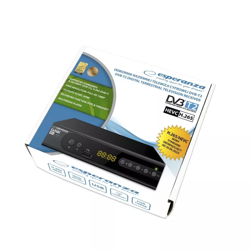 Set-Top-Box ESPERANZA EV106R káblový tuner DVB-T2 / DVB-C HEVC H.265, HDMI, USB, PVR, Dolby Digital, 174–790 MHz, čierny