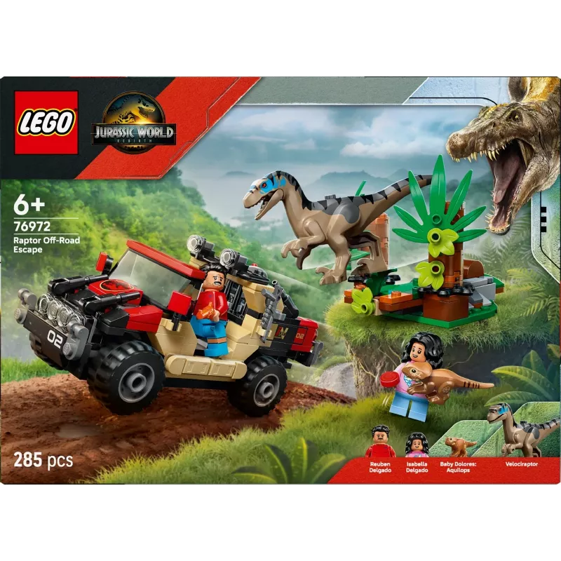 Stavebnica LEGO Jurassic World 76972 Raptor Off-Road Escape, 285 dielov, 2 minifigúrky, vek 6+
