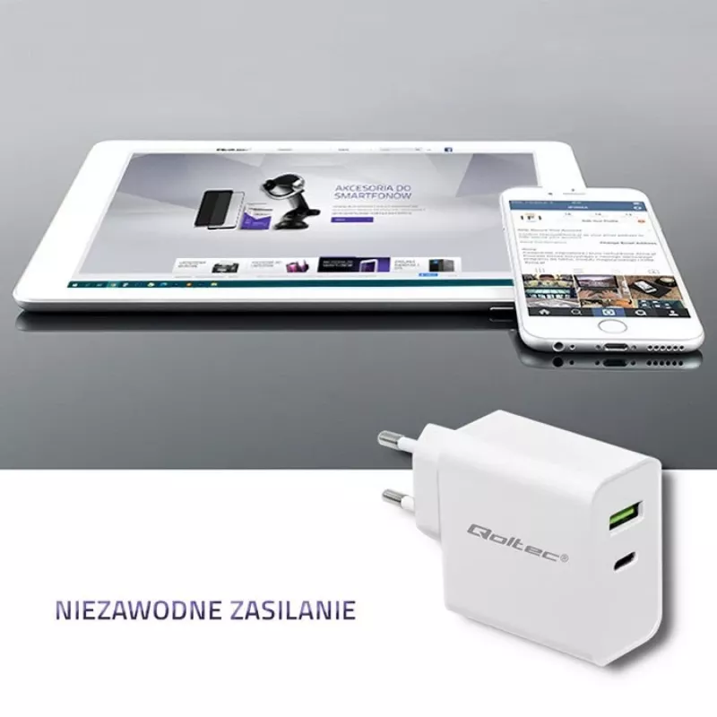 Qoltec 51718 nabíjačka | 45W | 5-20V | 2,4-3A | USB Type-C PD | USB | biela