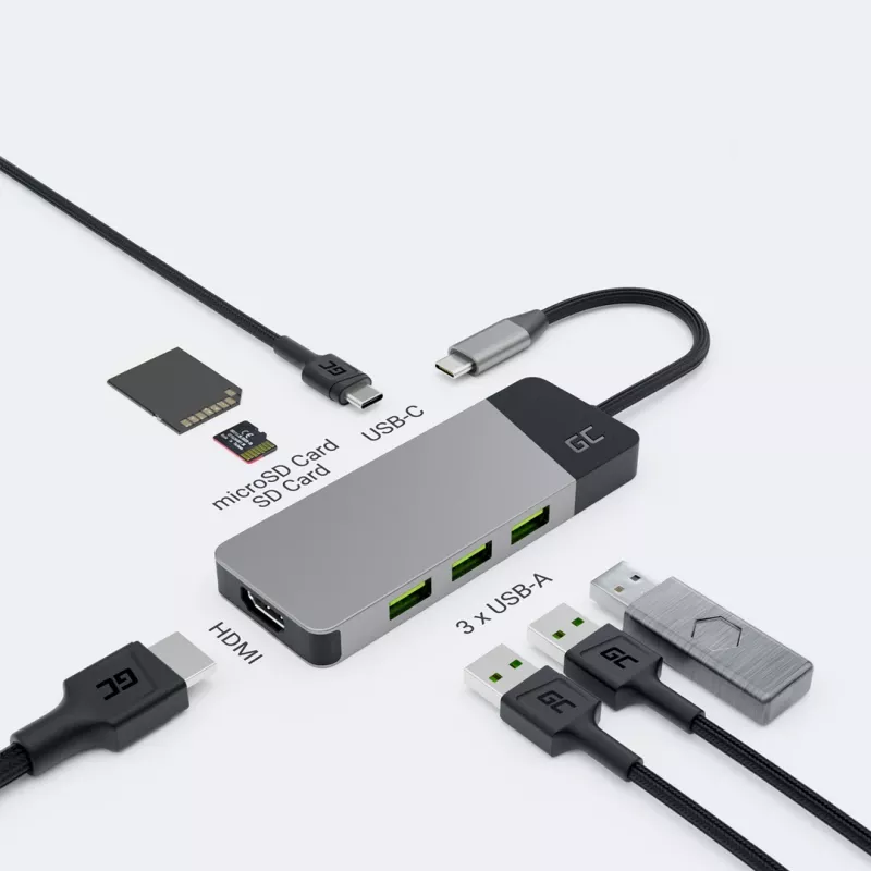 USB‑Type‑C hub Green Cell HUBGC01 — 7 portov: 3×USB‑A 3.2 Gen 1, 1×USB‑C 3.2 Gen 1, HDMI, microSD+SD čítačka kariet — strieborný