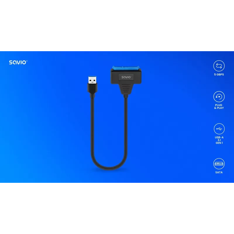 SAVIO SATA na USB 3.1 Gen 1 rozhranie kábel AK-68, SATA konektor samica na USB-A konektor samec, 5 Gbit/s, 0,25 m, čierna