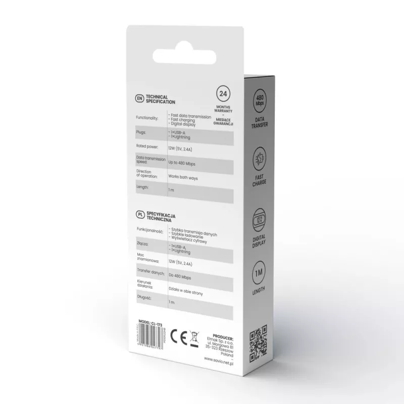 Savio CL-174 kábel USB-C na USB-C, 100 W, Power Delivery/Quick Charge, digitálny displej, 1 m, zelený