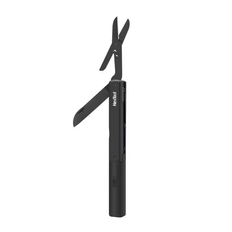 Multifunkčné pero s baterkou Nextool NE20026 — LED 50 lm, 90 min prevádzky, nerezový nôž, nožnice, USB-C, hliník, 125×15 mm, 38 g