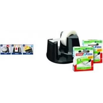 Stolový odvíjač Tesa Easy Cut Compact výhodné balenie — manuálny ručný odvíjač na lepiacu pásku, integrovaný rezač