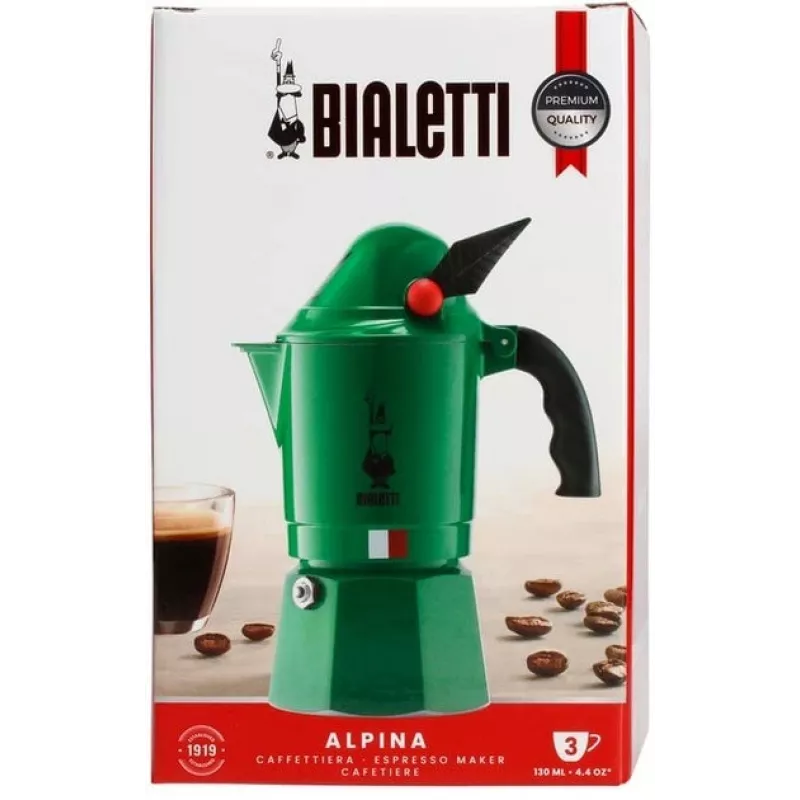 Moka kanvica BIALETTI Moka BREAK ALPINA — 3 šálky, zelená, hliník, bakelitová rukoväť