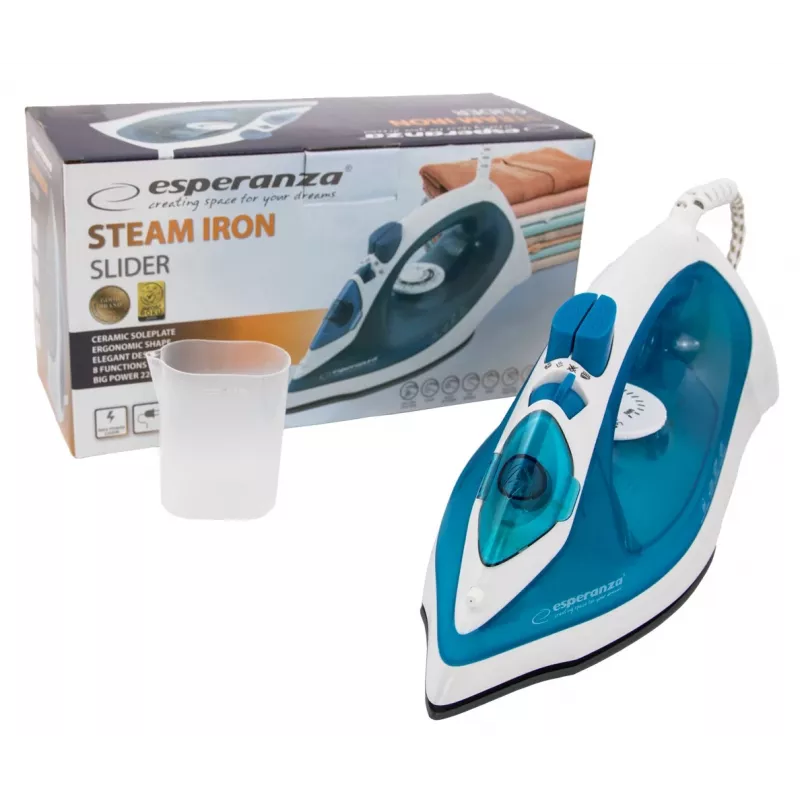 Naparovacia žehlička Esperanza EHI002 Slider, 2200 W, keramická žehliaca plocha, vertikálne naparovanie, bielo-modrá