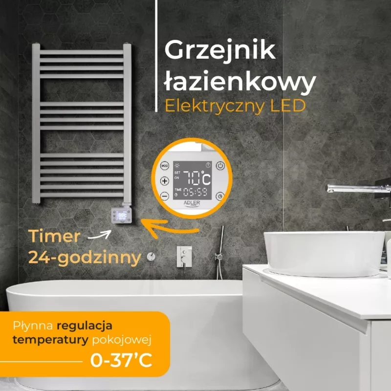 Elektrický kúpeľňový radiátor Adler AD 7824 600 W, biela, IP24, na stenu, 500×900 mm