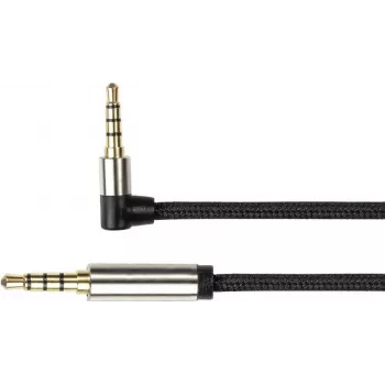 Audio spojovací kábel High-Quality, 4-pólový 3,5mm jack konektor samec na jack konektor samec zahnutý, textilný plášť, čierny, 0,5m, PYTHON® Series (GC-M0231)
