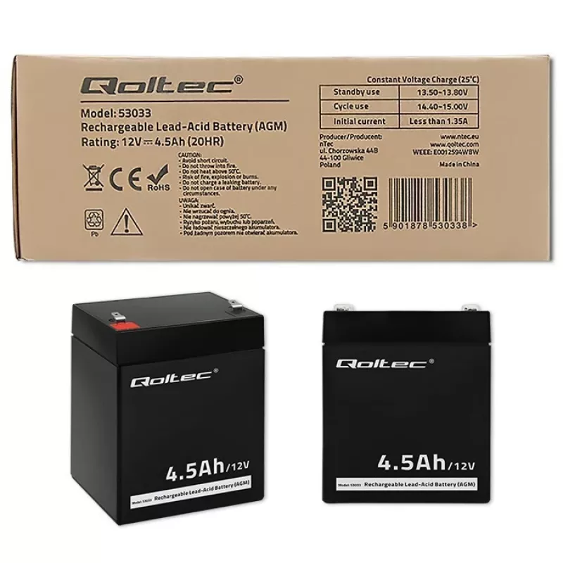 Qoltec 53033 AGM batéria 12 V 4,5 Ah, max. 1,35 A, bezúdržbová