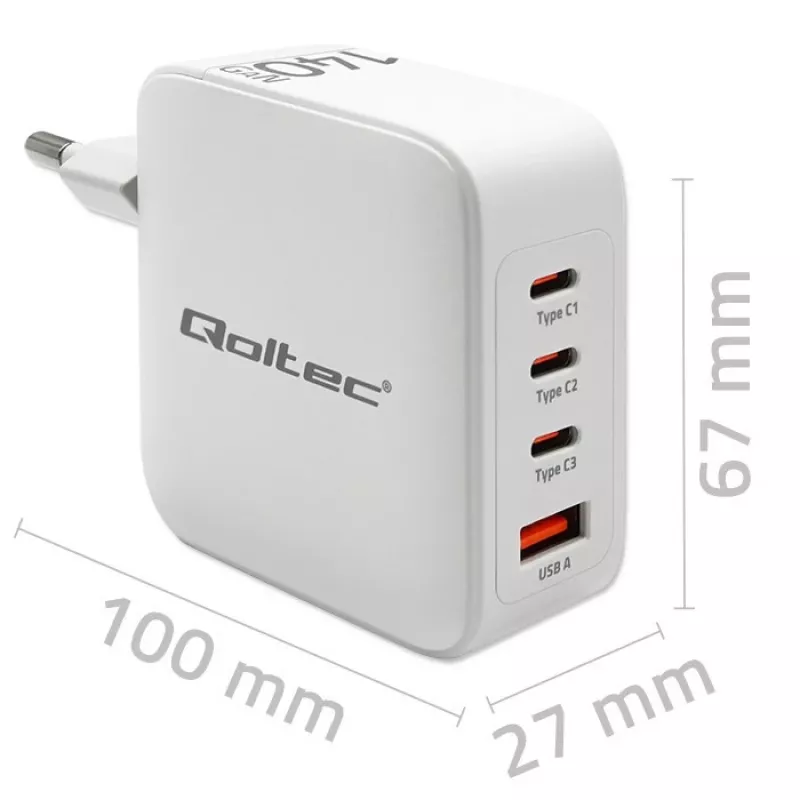 Nabíjačka QOLTEC 51828 140W GaN 3×USB‑C PD + 1×USB‑A QC 3.0 – multiportová rýchlonabíjačka