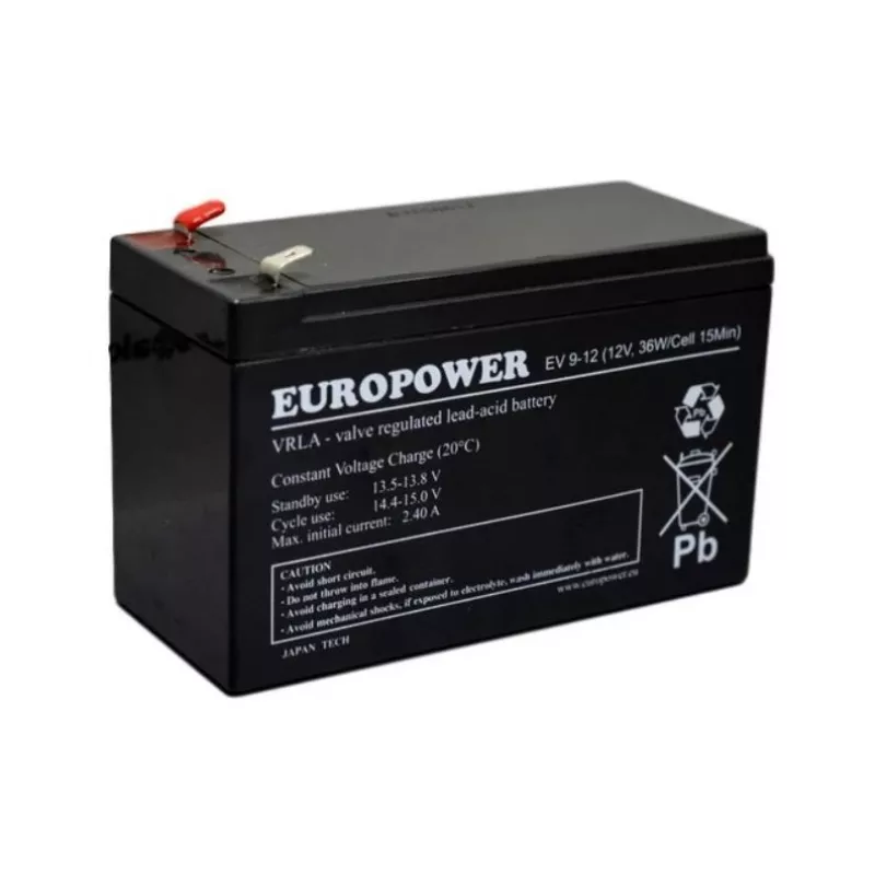 Olovená uzavretá batéria europower EV 12-9 — 12 V 9 Ah pre UPS a záložné napájanie