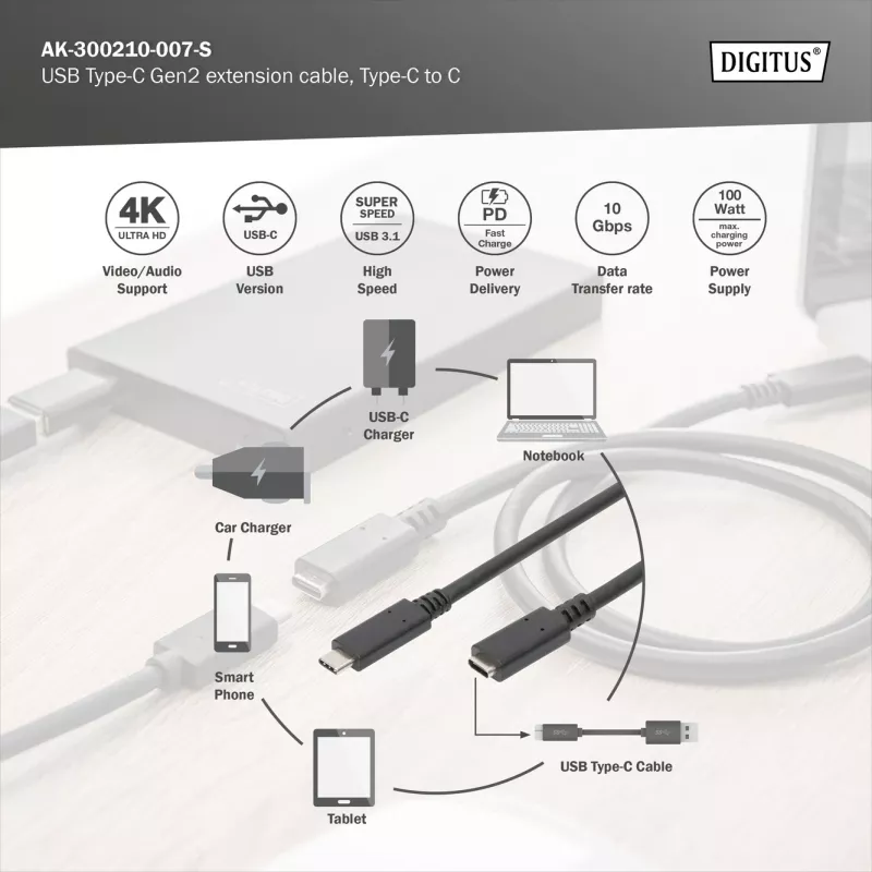 USB Type-C predlžovací kábel Digitus AK-300210-007-S 0,7 m