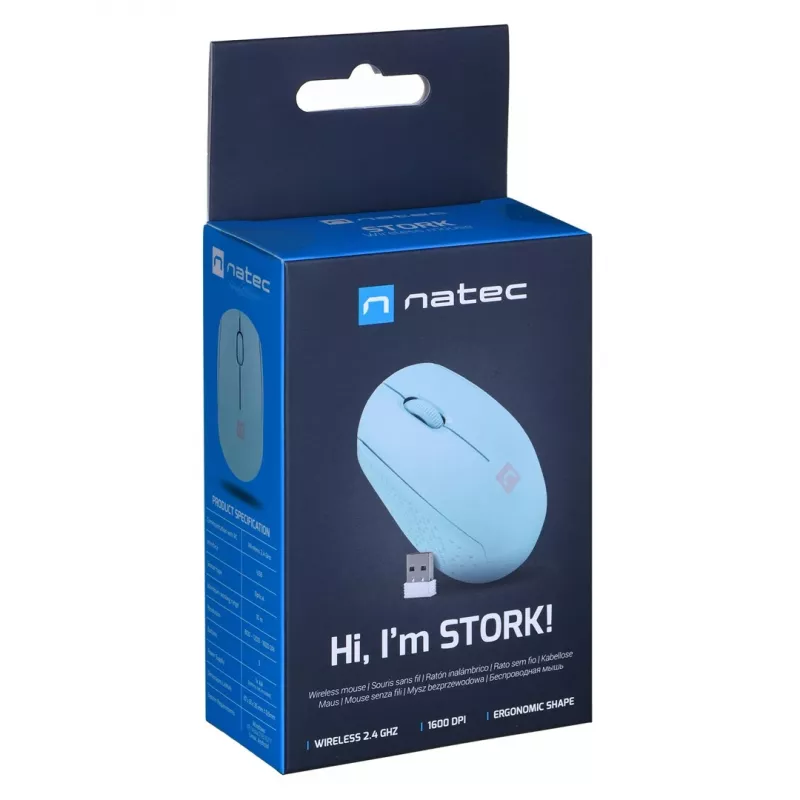 Natec Stork NMY-2001 bezdrôtová optická myš, 1600 DPI, USB prijímač, modrá