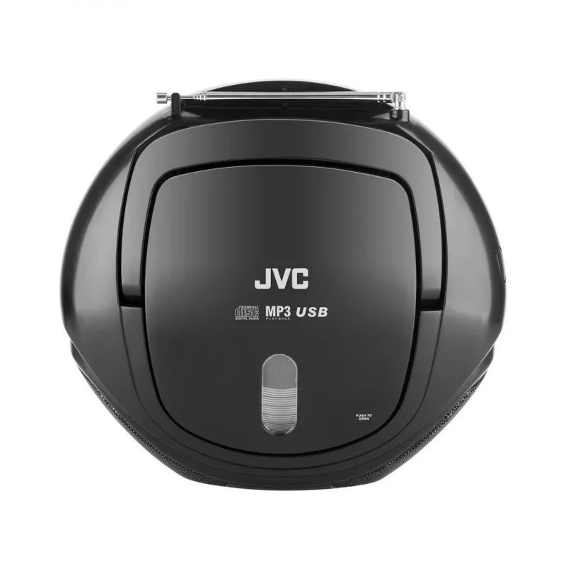 Prenosný CD prehrávač JVC RD‑E221B — čierna, CD/MP3, kazetový deck, USB prehrávanie, UKW rádio, AUX, batériová/sieťová prevádzka