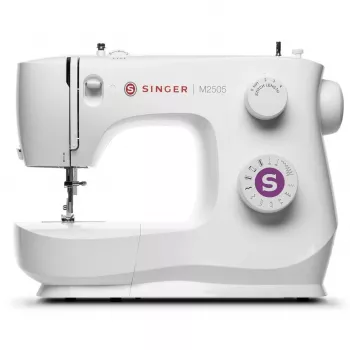 Mechanický šijací stroj SINGER M2505 – 10 stehov, automatické gombíkové dierky, voľné rameno, biela