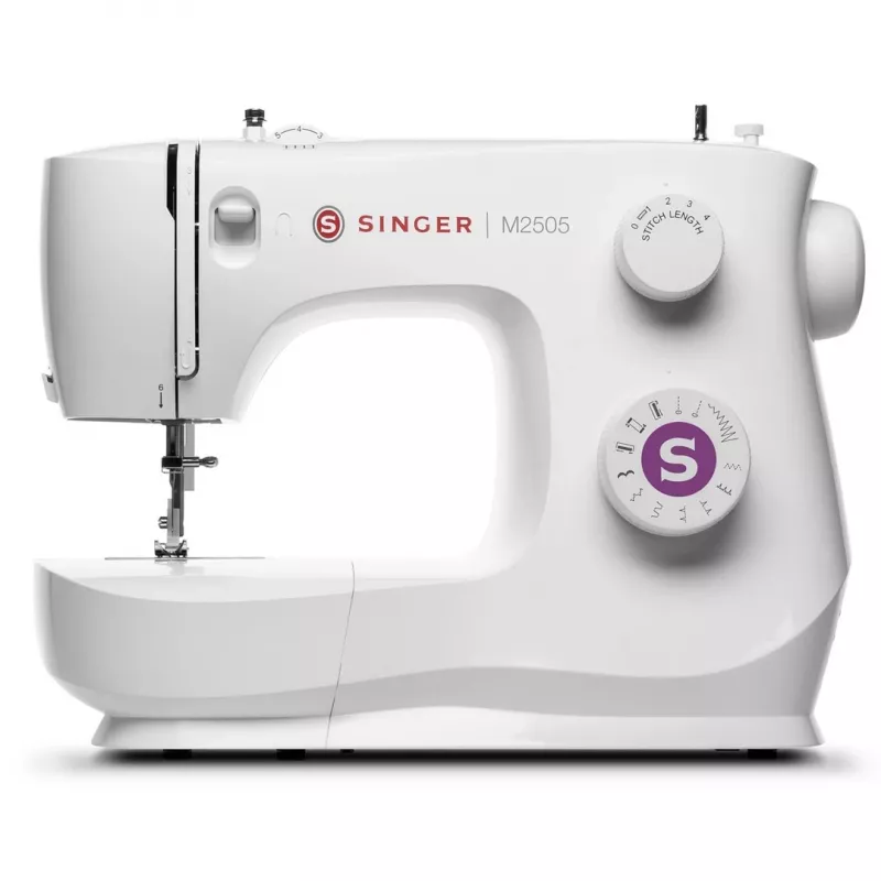 Mechanický šijací stroj SINGER M2505 – 10 stehov, automatické gombíkové dierky, voľné rameno, biela