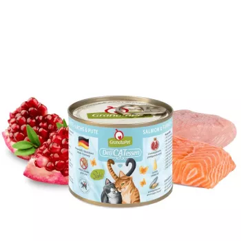 Mokré krmivo pre mačky Fox4Pets DeliCATessen losos a morka 200 g — bez obilnín, bez lepku, kompletné krmivo pre dospelé mačky