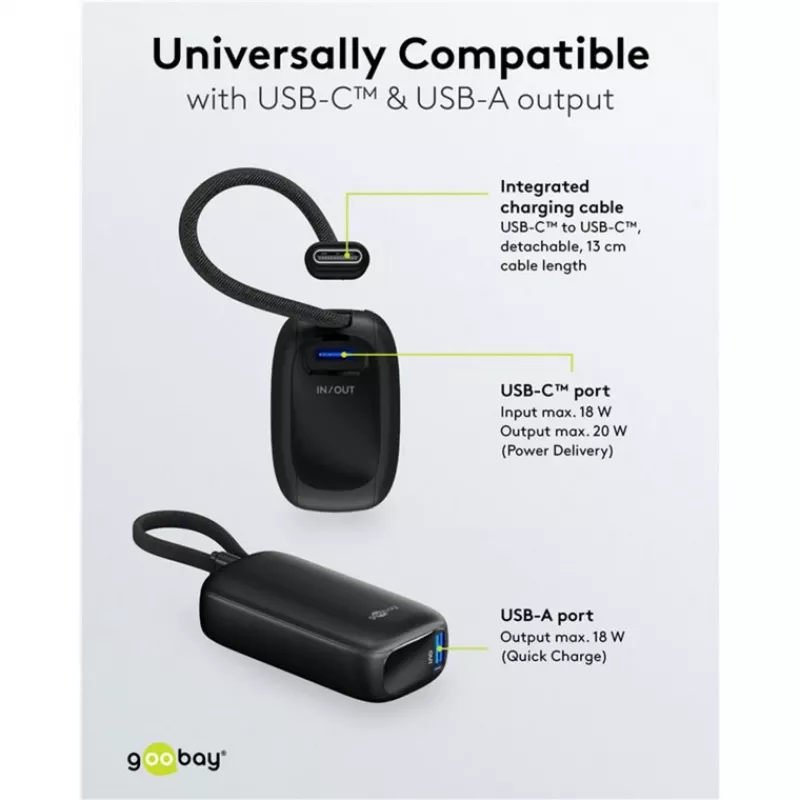 Goobay powerbanka 5000 mAh 20 W, integrovaný kábel USB-C 13 cm, 1x USB-A, 1x USB-C, PD, QC, čierna