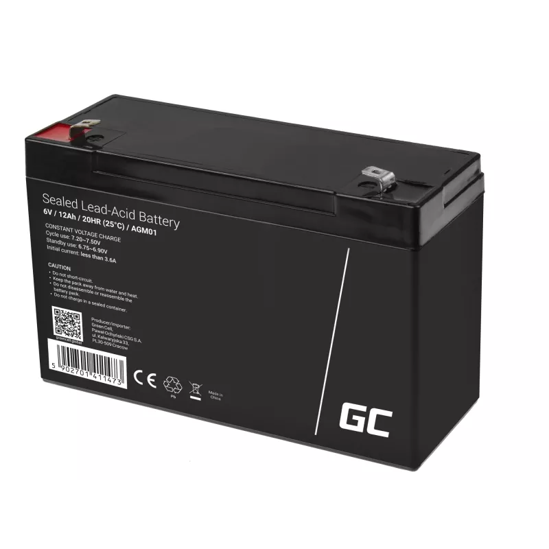 Zapečatená olovená (VRLA) AGM batéria Green Cell 6V 12Ah, 94×151×50 mm, 1,65 kg