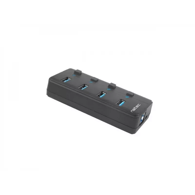 Natec Mantis 2 NHU-1557 4-portový rozbočovač USB 3.0, vstup USB Type-B, vypínače zapnúť/vypnúť, sieťový adaptér, čierny