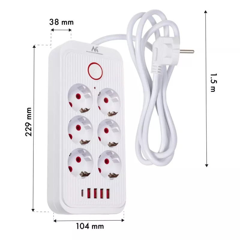Predlžovacia zásuvka MACLEAN MCE389 W — 6 zásuviek, 4×USB-A, 1×USB-C, 2500W, 110–240V, 1,5 m kábel, biela
